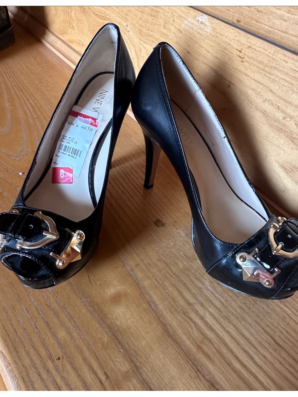 Nine West Black Peep-Toe Pumps with Gold Buckle Detail